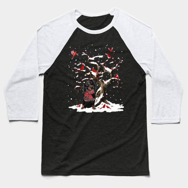 Black Dachshund Scarf Cardinal Snow Christmas Baseball T-Shirt by cogemma.art